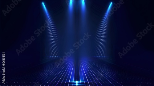 Blue spotlights on the empty stage with glowing particles in the air
