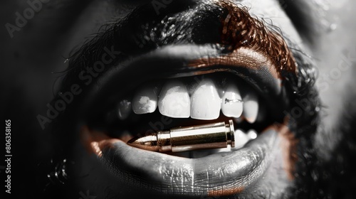  bullet between the teeth of an agressive man with beard, black and white photography, generated with AI photo