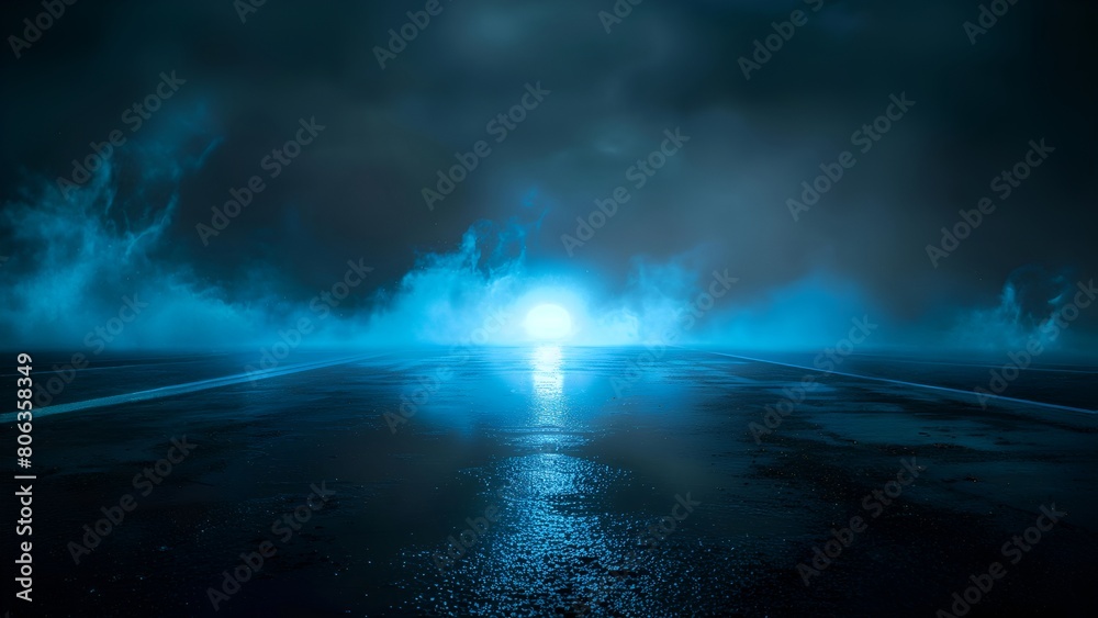 Mystical glowing blue foggy road in the dark night with bright light at the end of the tunnel