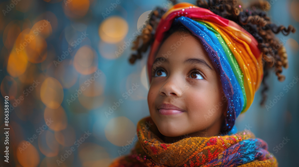 Happy young African American girl wearing pride rainbow flag looking up into the sky Happy young African American girl wearing pride rainbow flag looking up into the sky