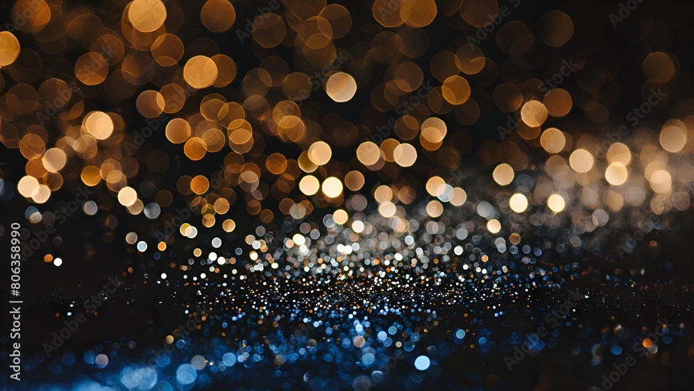 Abstract dark blue and gold glitter sparkle lights background with ...