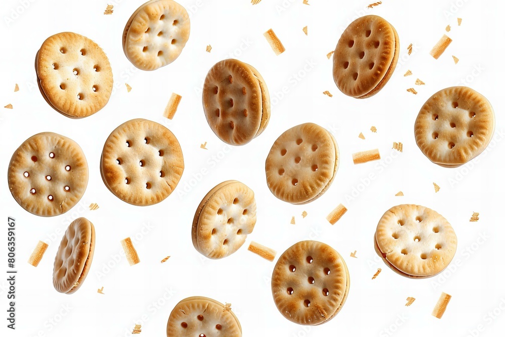Fototapeta premium Floating Round Crackers with Dynamic Crumb Scatter on White