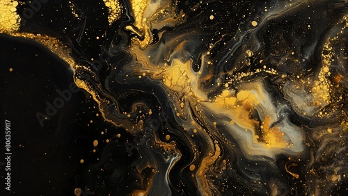 Black and gold abstract painting with a fluid texture resembling marble or a galaxy © monsifdx