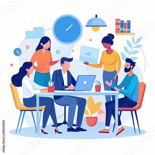 Business process and teamwork concept showing a dedicated team in a brainstorming meeting sharing ideas, colored vector illustration