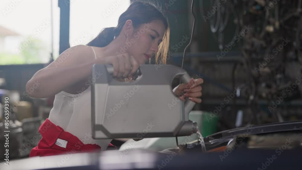 Side view of Asian mechanic woman take care engine of car by filling some chemical in the front of car and work in garage workplace. Side view of Asian mechanic woman take care engine of car by filling some chemical in the front of car and work in garage workplace.