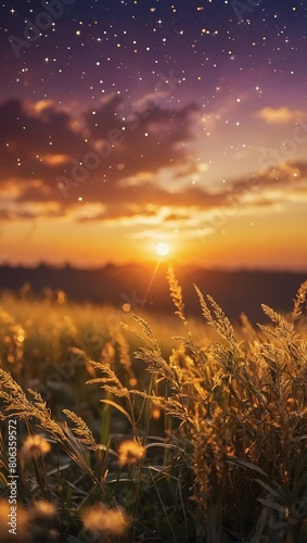 Golden Sunset Mystical Sky with Fluffy Clouds and Glittering Stars Phone Background Wallpaper.