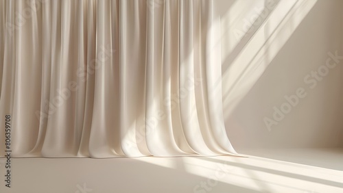 Elegant cream color silk curtains with sunlight on a beige background