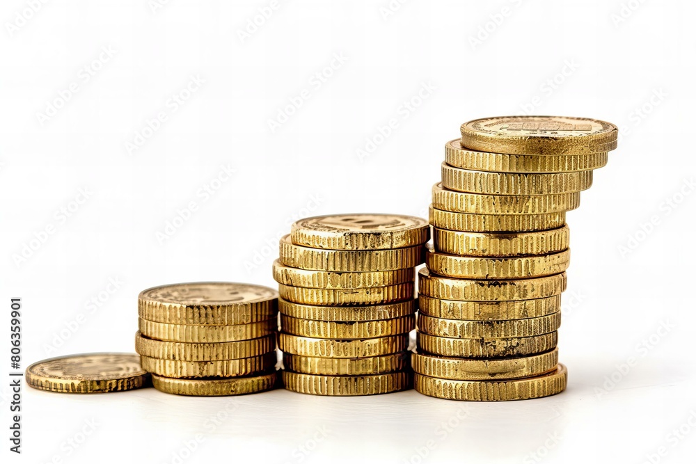 Stacked Gold Coins Increasing in Height Isolated on White Stacked Gold Coins Increasing in Height Isolated on White