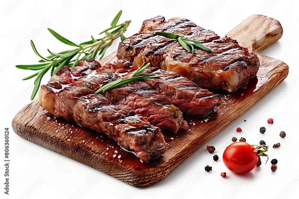 Grilled Beef Steaks on Wooden Board with Herbs and Spices