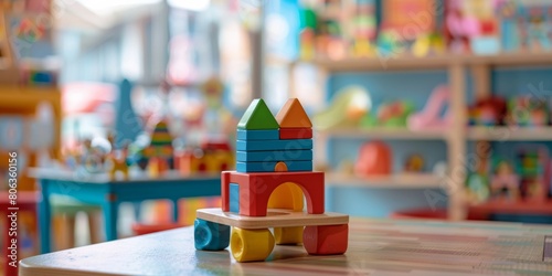 Bright colors wooden blocks on the table in the playroom. photo