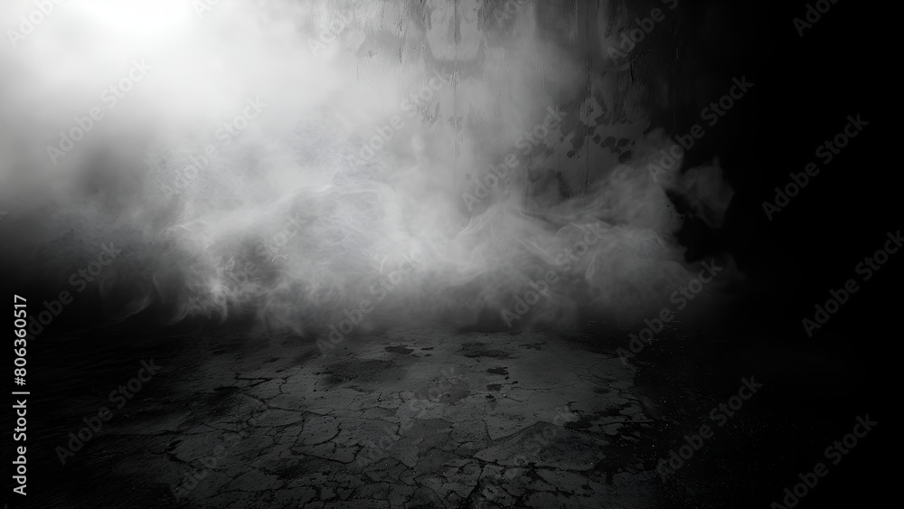Abstract white smoke or fog on a black cracked concrete floor with spotlight in the dark