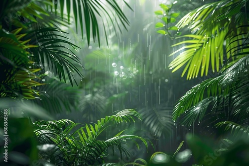 Lush Green Jungle Under Sunlight With Rain Drops