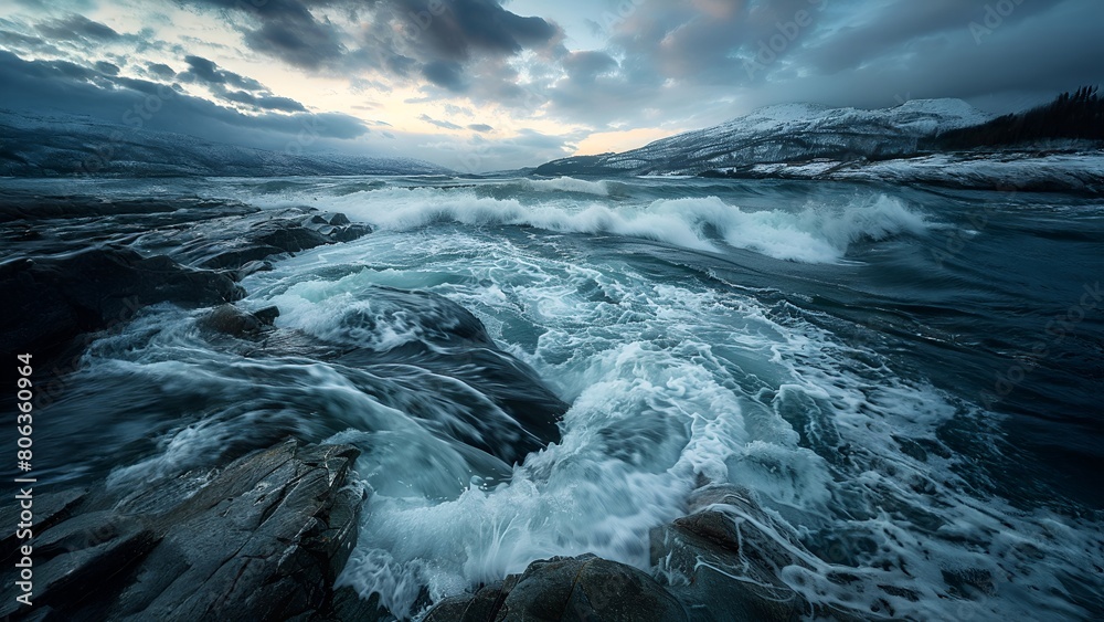 Obraz premium Stormy sea water crashing against the rocky coast of a remote island