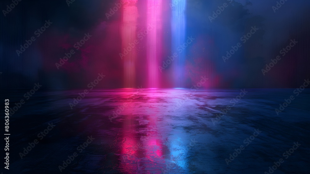 Abstract dark background with bright neon lights reflecting off wet concrete floor Abstract dark background with bright neon lights reflecting off wet concrete floor