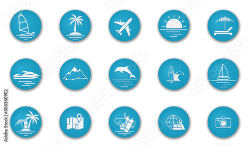 vacation round icon set. summer, sea and beach symbol. blue vector images for travel and tourism design