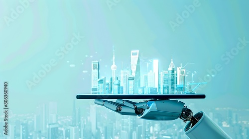 Futuristic Cityscape Balancing on a Robotic Arm Against a Hazy Sky. Digital Concept Art. Perfect for Modern Design Projects. AI