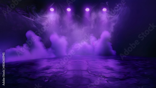 Abstract purple smoke and spotlights on a grunge concrete floor with a cracked texture