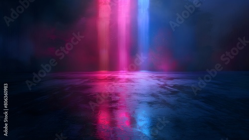 Abstract dark background with bright neon lights reflecting off wet concrete floor