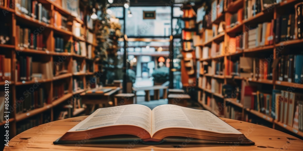The open book is placed on a wooden table in the library. On the left and right sides of the book are bookshelves with many books. The open book is placed on a wooden table in the library. On the left and right sides of the book are bookshelves with many books.
