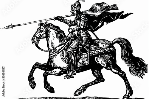 Obraz na płótnie A jousting knight on horseback with a long lance, woodcut, black and white, white background , generated with ai w salonie