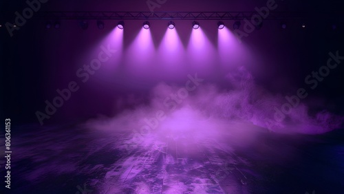Purple spotlights with smoke on stage for concert, theater, or fashion show