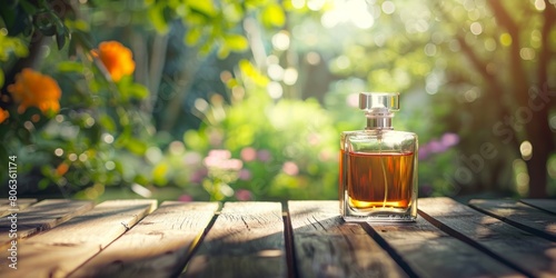 The photo shows a bottle of perfume on a wooden table photo