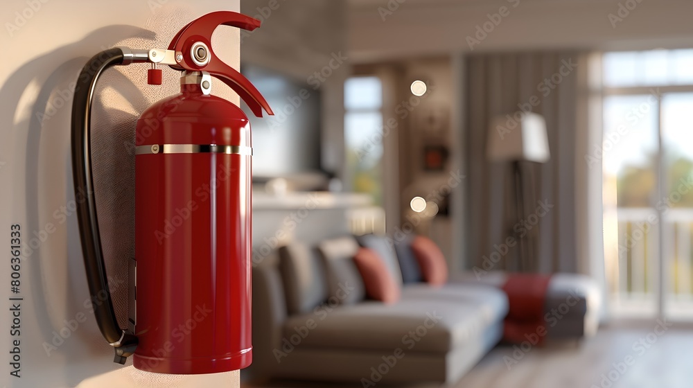 Red fire extinguisher in focus, modern home interior background. Home safety equipment concept. Ideal for safety brochures, AI Red fire extinguisher in focus, modern home interior background. Home safety equipment concept. Ideal for safety brochures, AI