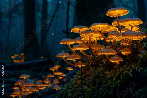 Glowing Mushrooms Illuminating Dark Forest at Night