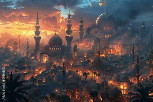 Stunning Sunset Over an Ancient Arabic Cityscape with Domes