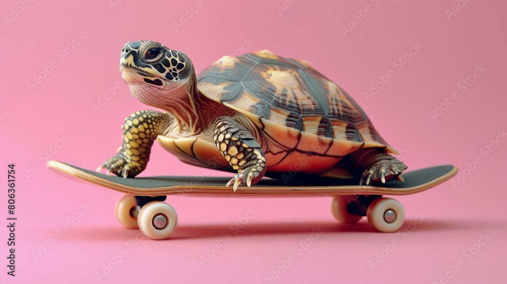 Turtle on a skateboard on a pink background. Cute animal leisure concept for children's books and educational material.