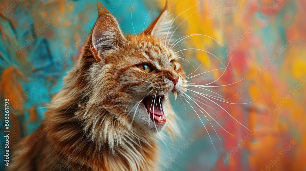 Aegean, angry cat baring its teeth, studio lighting pastel background