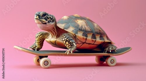 Obraz na płótnie Turtle on a skateboard on a pink background. Cute animal leisure concept for children's books and educational material. w salonie