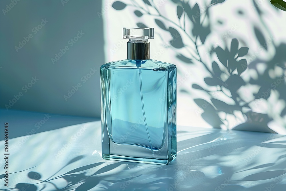 Elegant Blue Perfume Bottle in Sunlit Room with Shadows Elegant Blue Perfume Bottle in Sunlit Room with Shadows