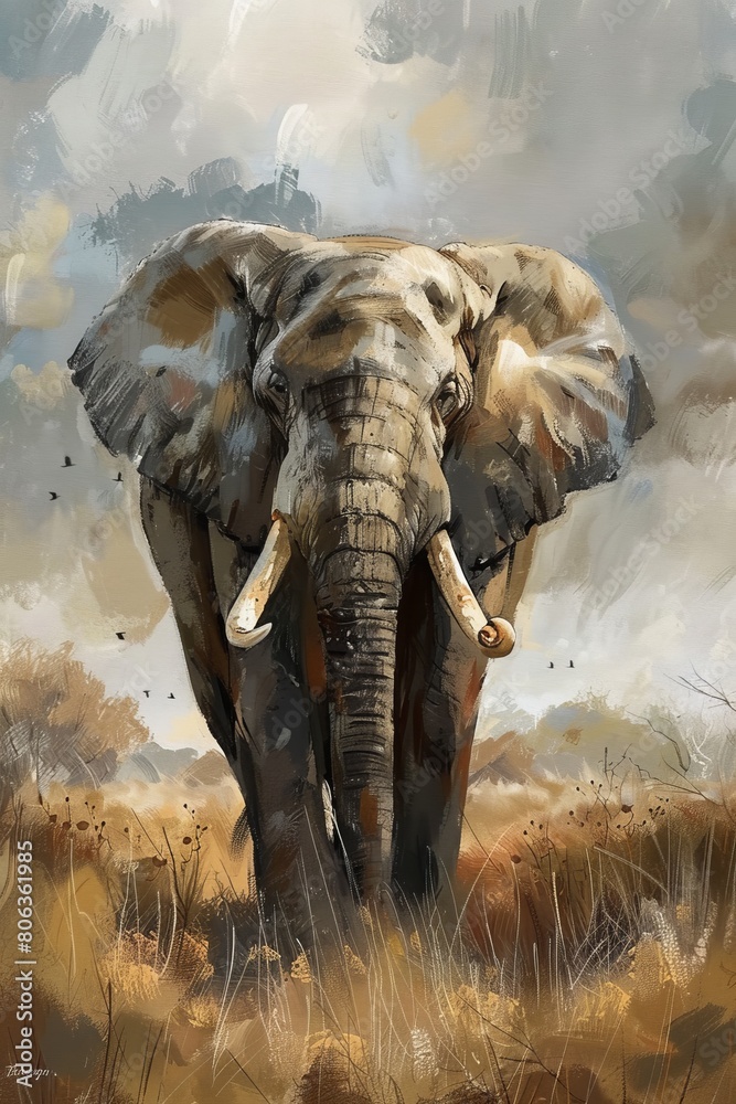 A realistic oil painting of an african elephant happy looking mysterious. simplistic, modern , generated with ai