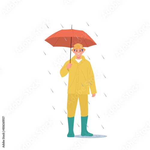 Isolated smiling man cartoon character wearing rain suit holding umbrella standing under downpour
