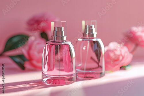 Elegant Perfume Bottles With Floral Background on Pink