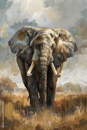 A realistic oil painting of an african elephant happy looking mysterious. simplistic, modern , generated with ai
