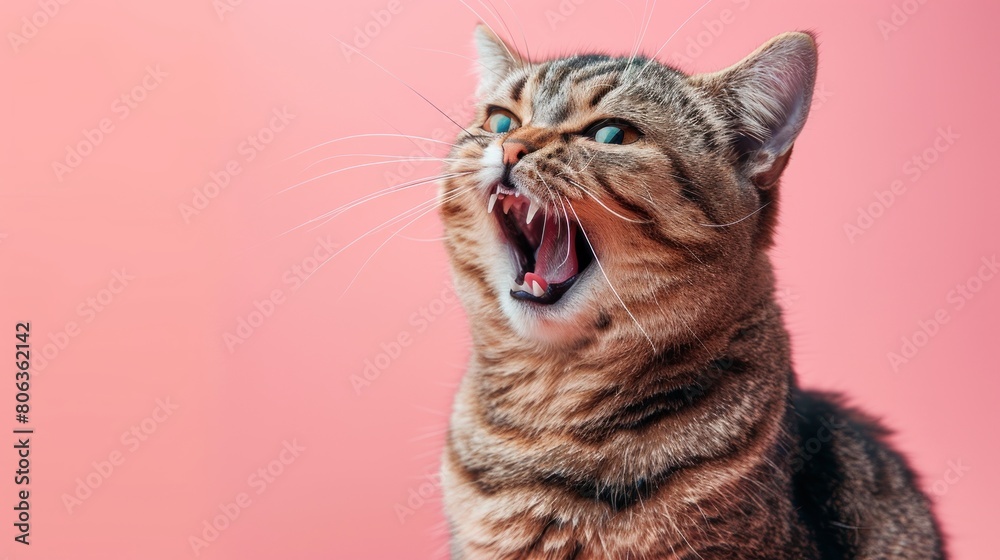 American Shorthair, angry cat baring its teeth, studio lighting pastel background