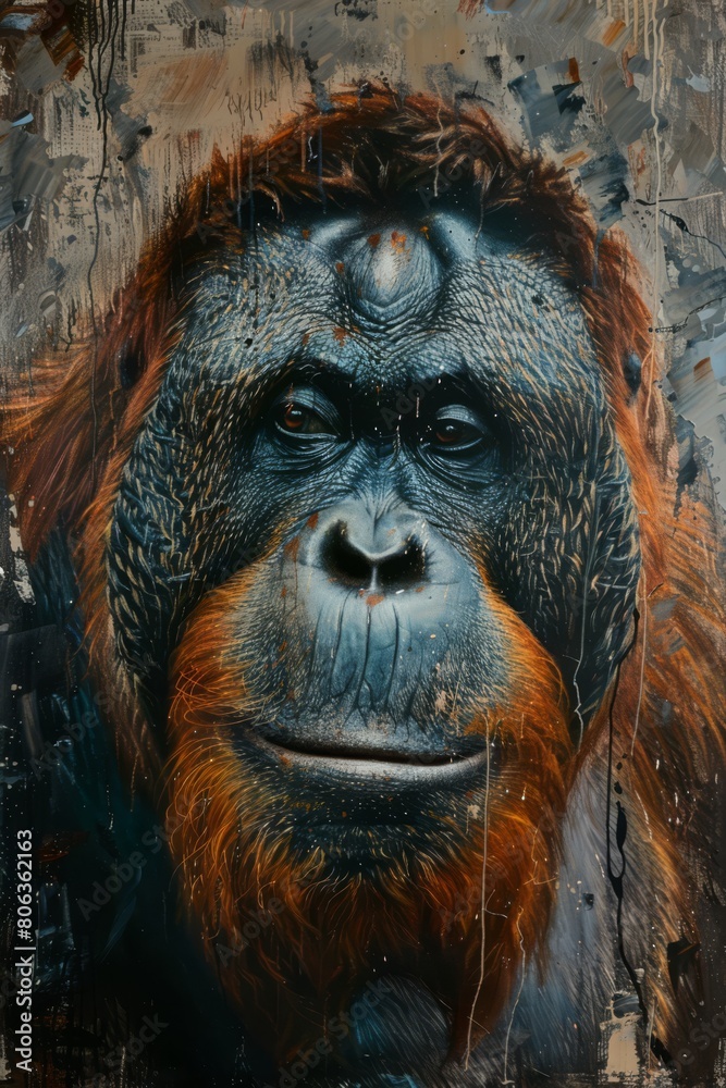 A realistic oil painting of an african orang utan happy looking mysterious. simplistic, modern , generated with ai A realistic oil painting of an african orang utan happy looking mysterious. simplistic, modern , generated with ai