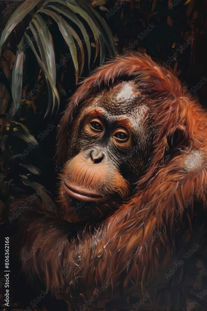 Obraz premium A realistic oil painting of an african orang utan happy looking mysterious. simplistic, modern , generated with ai