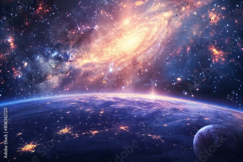 Spectacular Outer Space View with Glowing Galaxies and Planets