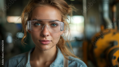 Portrait of a young woman worker in overalls and safety glasses, personal protective equipment photo