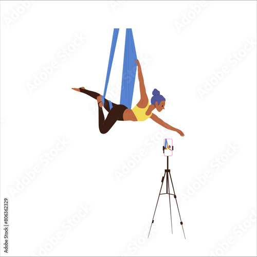 Slim fitness woman flat cartoon character hovering in hammock streaming aerial yoga practice