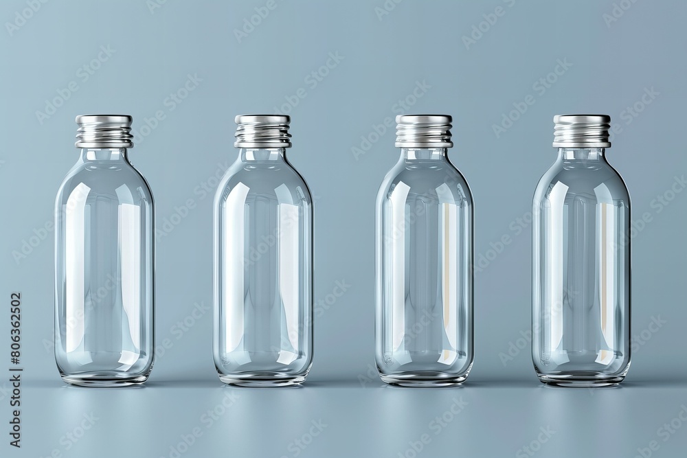 Set of Empty Transparent Cosmetic Bottles on Blue Background