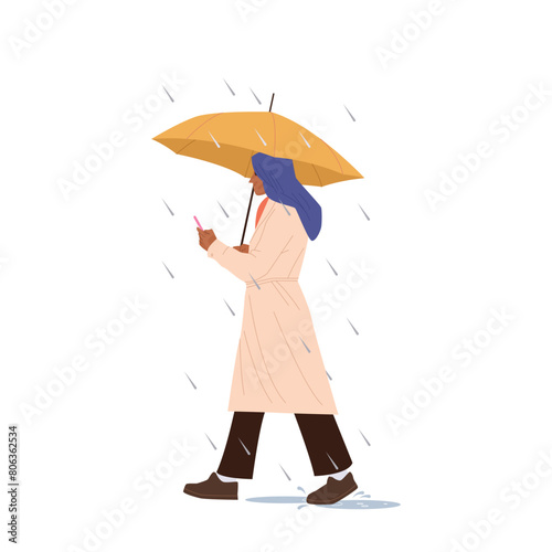 Woman cartoon character with umbrella walking under rain using mobile phone isolated on white