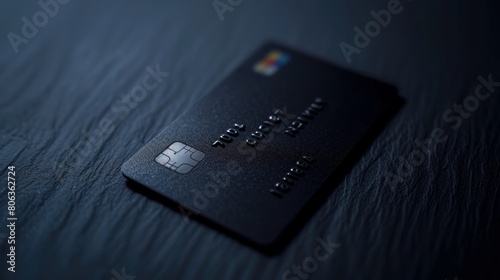 a product photoshoot of a credit card, the credit card is black in theme, itâ€™s standing facing straight in front of camera photo