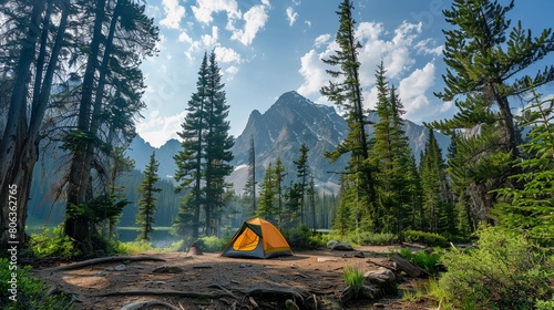 A tent set up against the background of mountains photo