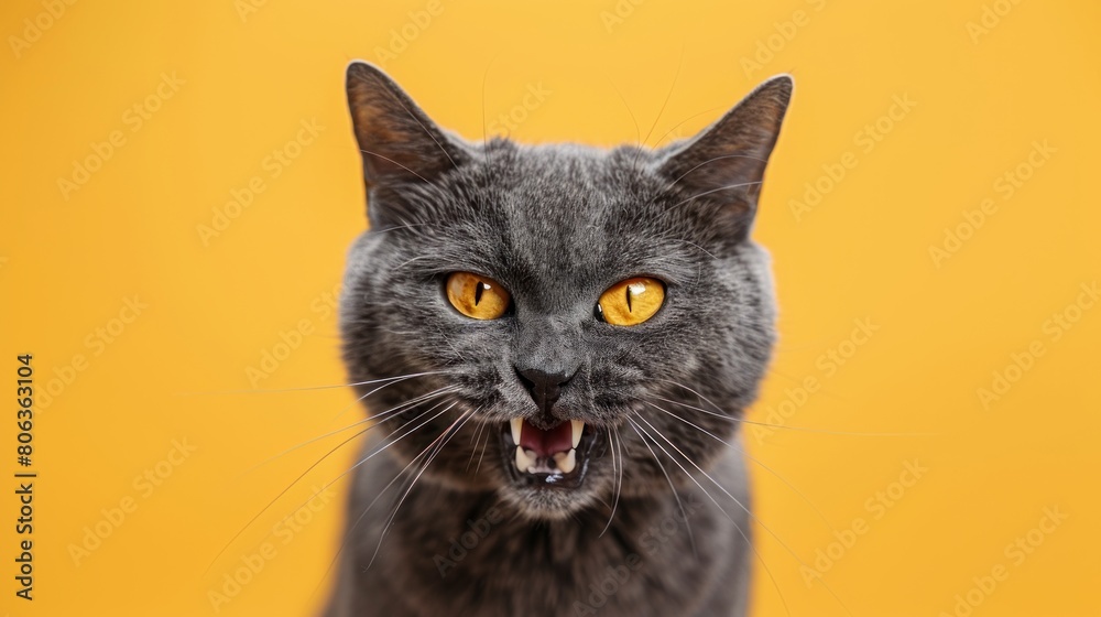 Chartreux, angry cat baring its teeth, studio lighting pastel background