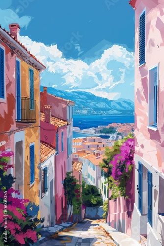 warm illustration of the cityscape of Ajaccio inside the town, Corsican city, Corsica, summer holidays vibe, generated with AI