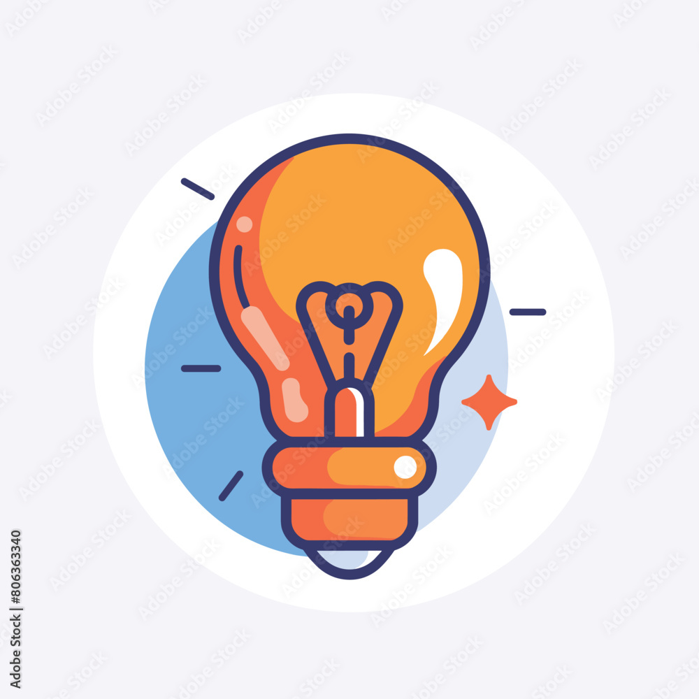 Bright orange light bulb icon with blue and white background. Bright orange light bulb icon with blue and white background.